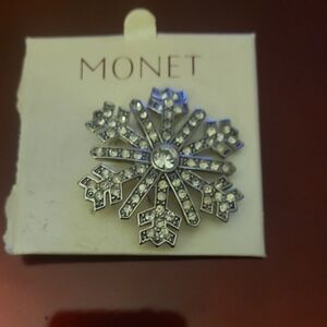 Monet Crystal Snowflake Brooch in Silver